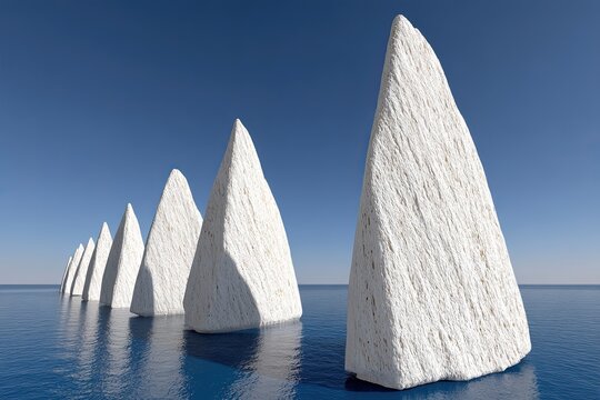 White, textured triangular structures emerge from calm, blue water beneath a clear sky
