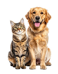 A friendly tabby cat and a golden retriever dog sitting side by side.