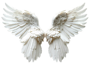 Intricate White Feathered Wings Sculpture Isolated On White Background.