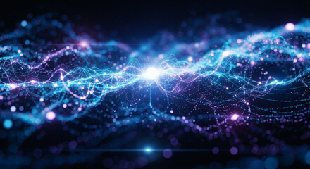Obraz premium An abstract visualization of a neural network: glowing nodes and pulsating connections in shades of deep blue and violet, flowing like a cosmic galaxy in a dark space. Represents artificial intelligen