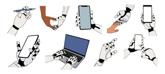 Set of robotic and human hands interacting—typing, drawing, gesturing, holding smartphone—in minimalist colored outline vector style, isolated on transparent background