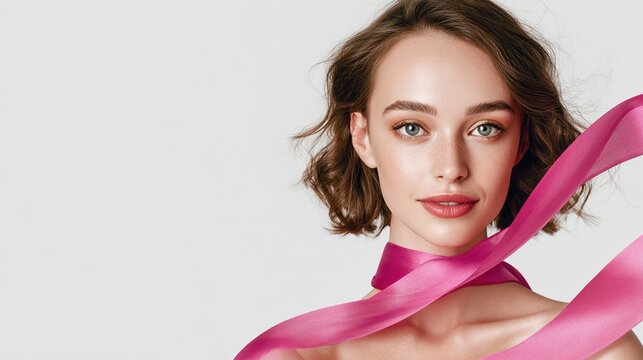 A young woman with short brown hair smiles. A bright pink ribbon swirls around her neck against a grey backdrop - Powered by Adobe