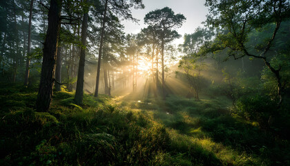 Obraz premium Magical sunrise in lush green forest with sunlight streaming through trees on a misty morning background, tranquil natural environment scene.