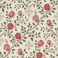 Vintage seamless floral pattern with climbing pink roses and delicate damask motifs on a cream background
