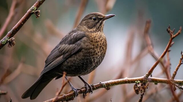 A beautiful brown bird, likely a thrush, with intricate spotted and streaked plumage, perches gracefully on a bare, textured branch. The bird's dark eye is bright and observant, as it attentively surv