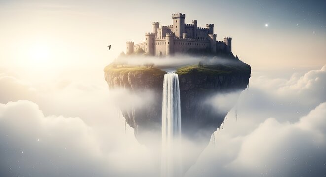 Fantasy castle on a floating island with waterfall in the clouds above sky