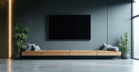 Minimalist black screen tv off modern rehabilitation center waiting area