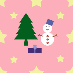 Seamless, A festive illustration featuring a snowman, Christmas tree, gift box, and stars on a pink background, perfect for holiday-themed designs.