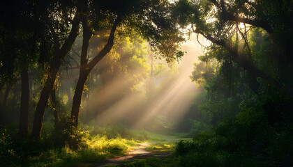 Obraz premium Magical sunrise in lush green forest with sunlight streaming through trees on a misty morning background, tranquil natural environment scene.