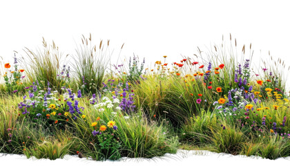 A vibrant border of diverse wildflowers and lush green grasses in bloom.