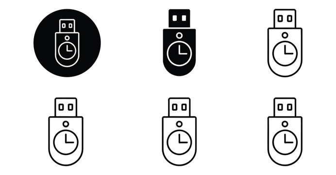  USB flash drive with clock icon set – stylized black and white symbols for time-based data storage, backup scheduling, and digital archiving