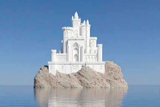A white fantastical castle crowns a rocky island afloat tranquil blue waters