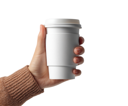 Hand holding blank white disposable coffee cup - Powered by Adobe