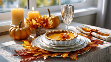 Thanksgiving table setting with pumpkin pie and autumn decorations.