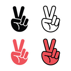 Obraz premium Peace hand gesture icon set — black and red stylized victory signs in solid and outline styles for communication, activism, and branding