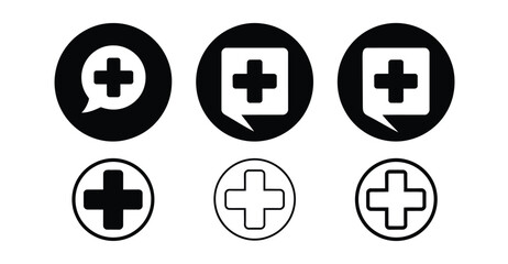 Medical cross icon set — black and white healthcare symbols in speech bubbles and circular styles for UI, emergency, and wellness design 