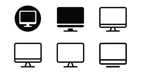  Computer monitor icon set &mdash; black and white screen variations in solid, outline, and circular styles for UI, tech, and digital design