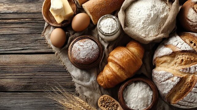 A beautiful overhead shot showcases a rustic collection of essential baking ingredients and freshly baked goods arranged artfully on a weathered wooden surface with a soft linen cloth. The composition