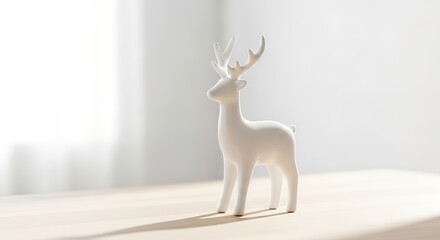 Elegant White Reindeer Figurine Bathed in Soft Window Light, Minimalist Holiday Decor.