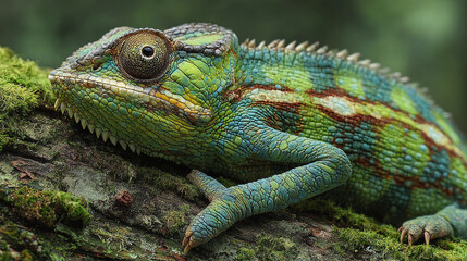 Obraz premium Vibrant chameleon perched on a mossy branch, showcasing its intricate patterns.