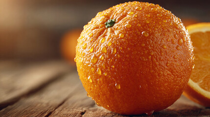 Close-up of a fresh orange with water droplets on a wooden surface.