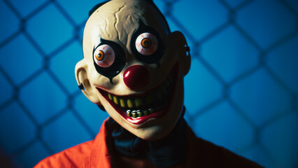 Creepy Clown Staring In Prisoner Costume Against Blue Fence