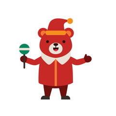 Cute cartoon brown bear wearing a red santa hat and holding a green lollipop