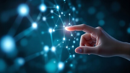 Digital network connection technology concept with human hand touching interface abstract design