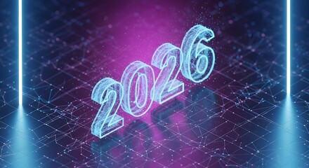 Futuristic 3D rendering of the year 2026 in glowing neon blue digits against a dark, abstract digital background with glowing purple accents and vertical light beams.