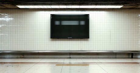 Minimalist flat display television off metro station waiting zone with tiled walls