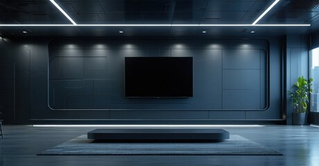 Obraz premium Modern interior. Dark walls, sleek platform, bright linear lights. Minimalist design, spacious room, futuristic vibe. Plants add subtle life.