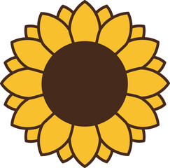 Bright yellow sunflower bloom with detailed brown center and petals simple graphic isolated on transparent background