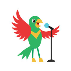 Cute cartoon green parrot with red wings singing into a microphone on a white background