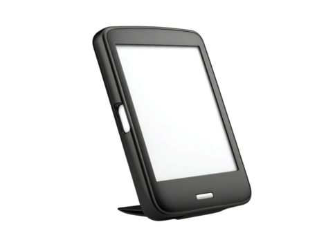 Modern black e-reader device on stand isolated background, Isolated On Transparent Background, Png