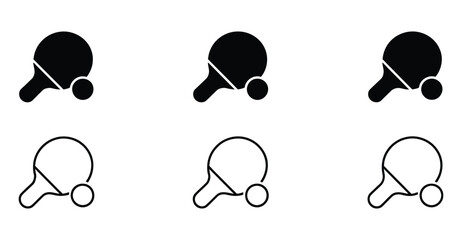 Ping pong paddle and ball icon set – stylized black and white sports symbols in solid and outline for table tennis, recreation, and UI design