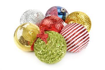 Cluster of Christmas Ornaments Featuring Glitter Stripes Sequins and Bows in Red Green Gold Silver and Blue on White Background for Festive Decoration Theme