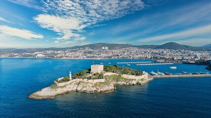 Aerial View of Pigeon Island (Güvercinada) in Kusadasi, Turkey – Historic Fortress Surrounded by the Aegean Sea under Light Clouds
