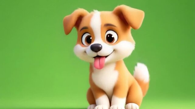 Adorable cartoon puppy with brown and white fur sitting on a green background.