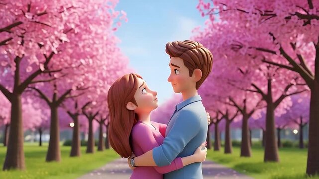 romantic couple embracing under cherry blossoms