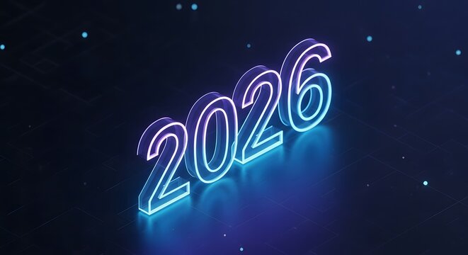 Neon glowing 2026 numbers on dark reflective background with futuristic dots.