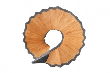Pencil shaving forming spiral shape with wood and graphite elements, symbolizing creativity, education, and waste, transparent background