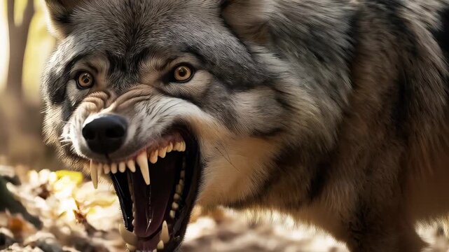 Closeup of an aggressive gray wolf growling and baring its sharp teeth in a threatening display. The predator stares with intense, angry eyes