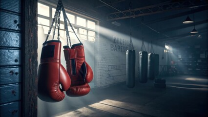Red Boxing Gloves Hanging in a Dimly Lit Gym Environment