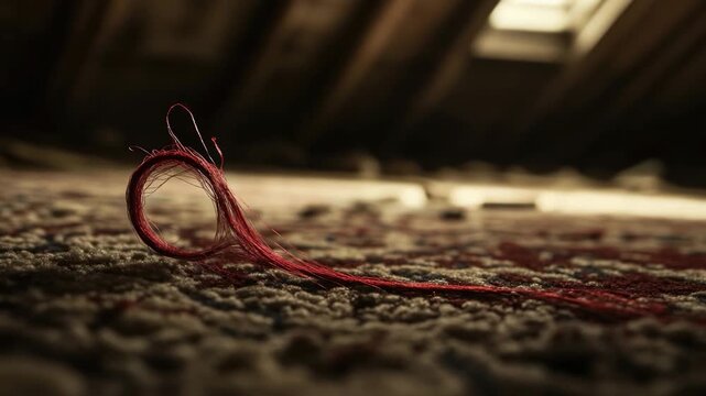 A close-up view of a single red thread on a carpet, often used as a symbol in various contexts