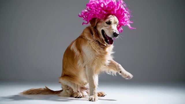 Adorable and funny golden retriever wearing a crazy pink wig. The cute dog is sitting, looking around, and wagging its tail in a studio