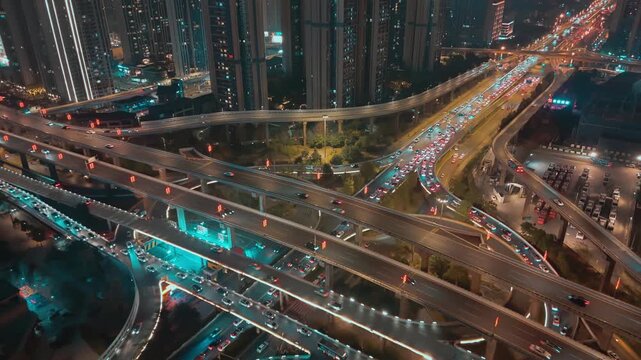 Aerial view of the city's traffic at night
