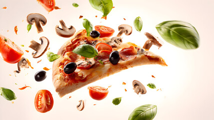 Flying pizza slice with ingredients isolated on transparent white background
