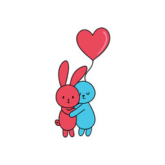 Two adorable cartoon bunnies in a loving embrace holding a red heart shaped balloon