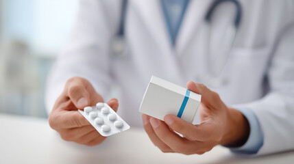 Doctor holding pills and medication box