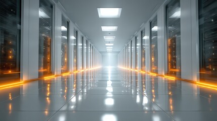 Illuminated server room with blue lights data center digital infrastructure modern environment wide-angle viewpoint